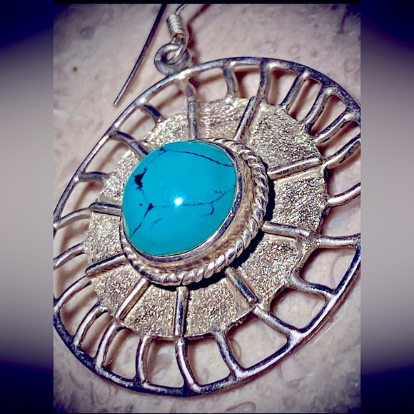 Vintage Turquoise Earrings Handmade in India Large Sun Dangle Earrings Sterling - Picture 5 of 9